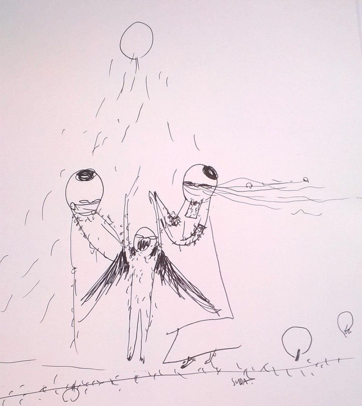 A pen-and-ink drawing of three winged figures, from Suda Chaemchan’s exhibition piece at SEN