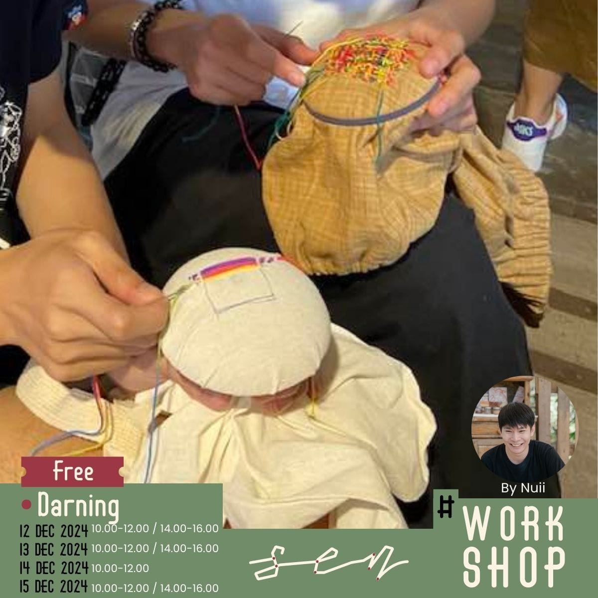 Darning technique demonstrated on a piece of cloth