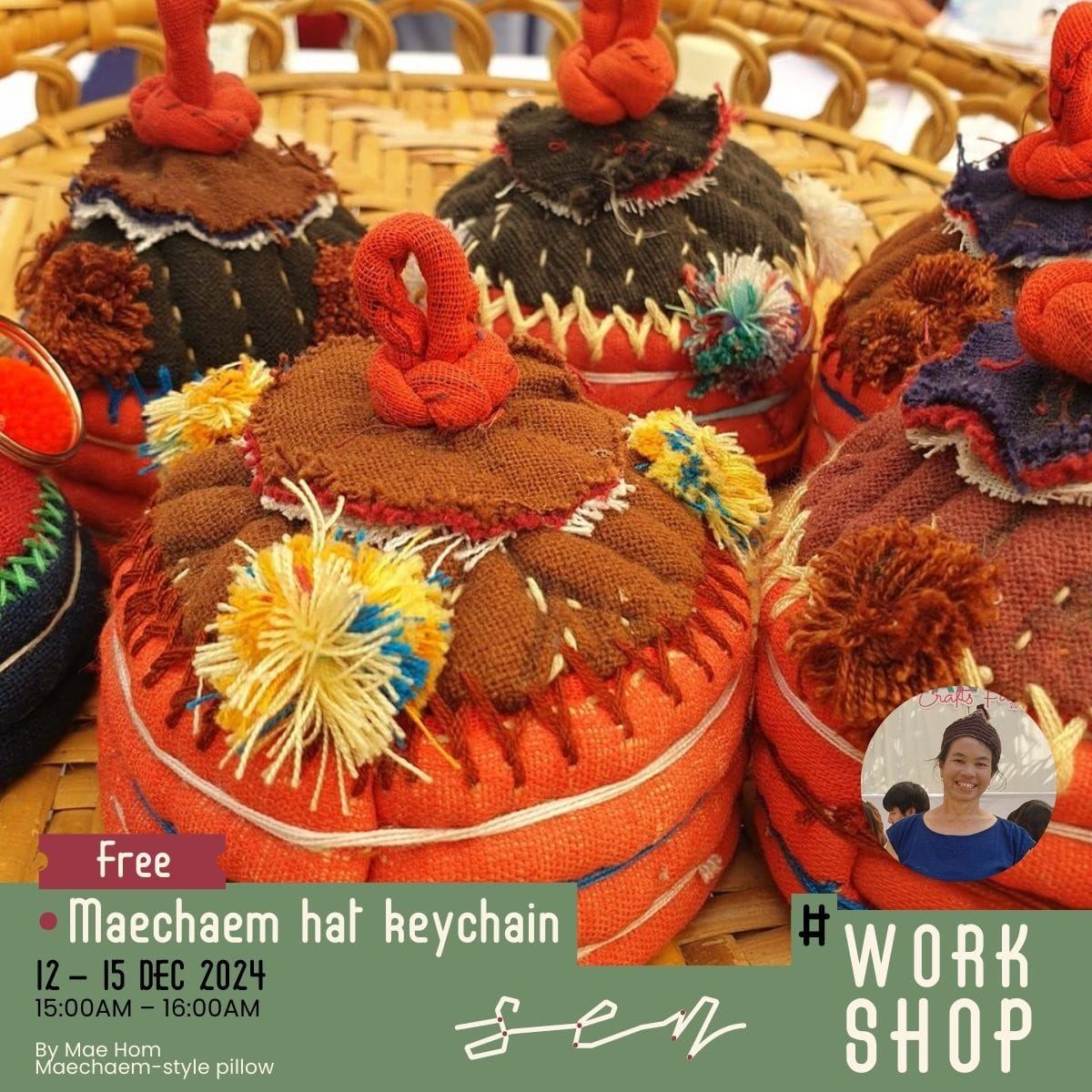 A miniature Mae Chaem hat keychain, woven by hand